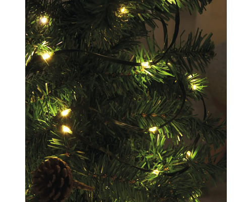 Weihnachtsbaum mit warmweißer Lichterkette und Tannenzapfen