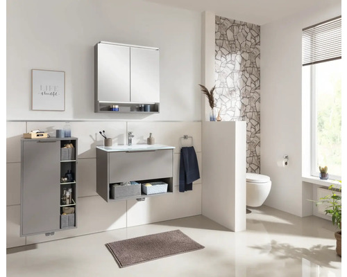 Salle de bains moderne avec meuble-lavabo, armoire de toilette, armoire haute et toilettes.