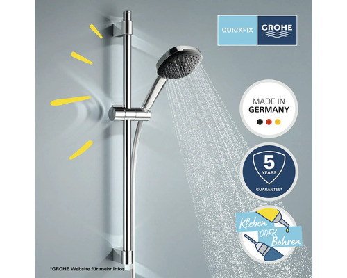 Grohe Duschstangenset mit Handbrause und fließendem Wasser. QuickFix Logo. Hergestellt in Deutschland. Fünf Jahre Garantie. Kleben oder Bohren.