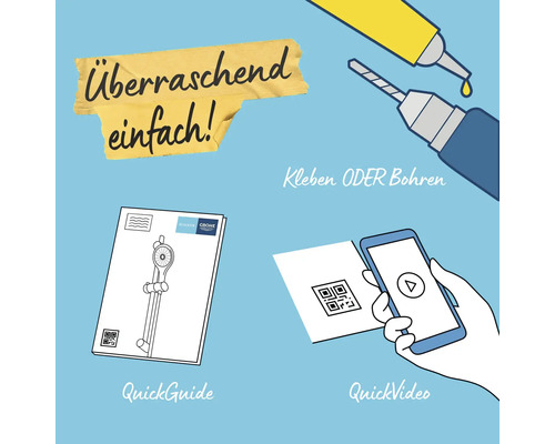 Illustration der Montageanleitung: Kurzanleitung und schnelles Video als Optionen zur Installation mit Kleber oder Bohrer