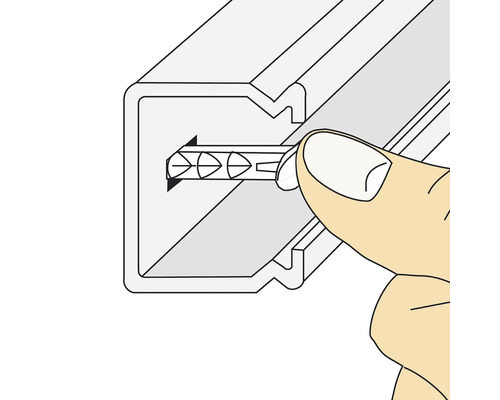 L''illustration montre l''insertion d''une pièce de raccordement dans un rail métallique.