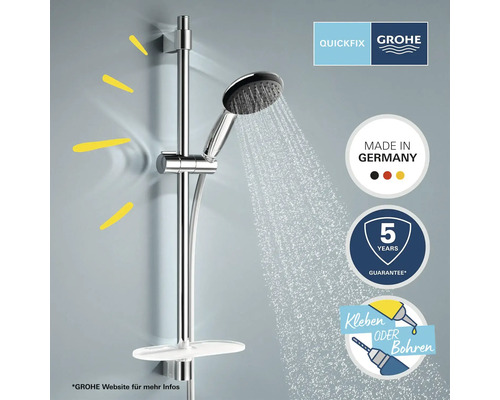 Brausestange mit Handbrause und den Logos Grohe, Quickfix sowie den Siegeln Made in Germany, fünf Jahre Garantie und Kleben oder Bohren