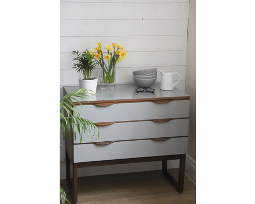 Commode à trois tiroirs sur laquelle se trouvent une plante, des jonquilles dans un vase, des bols, des lunettes et un pot.