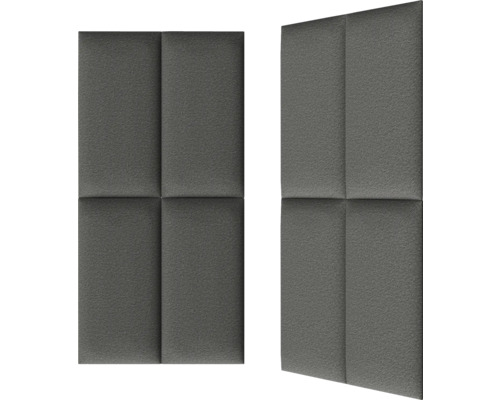 Deux panneaux acoustiques gris pour montage mural, chacun composé de quatre carrés.