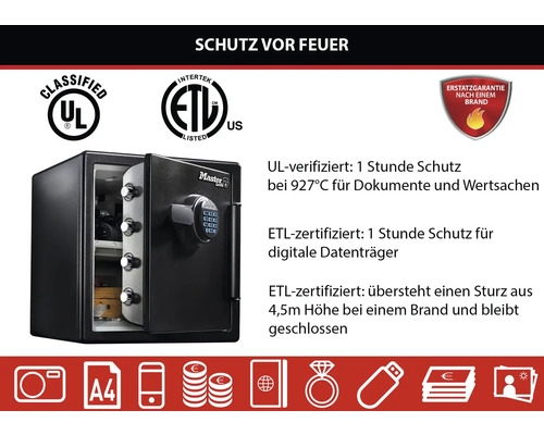 Geöffneter Tresor von Master Lock mit Brandschutz und elektronischem Schloss
