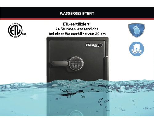 Master Lock Safe ist ETL-zertifiziert und 24 Stunden wasserdicht bis zu einer Wasserhöhe von 20 cm