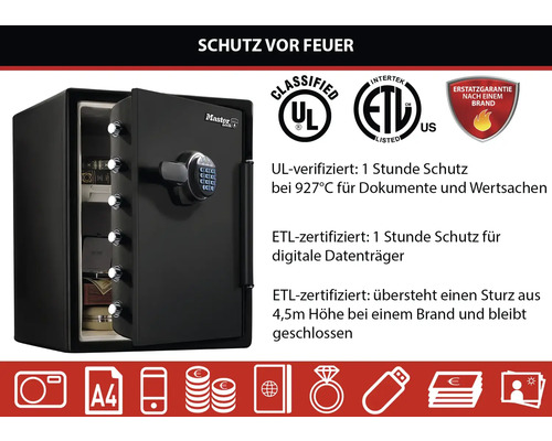 Geöffneter Tresor für Dokumente und Wertgegenstände mit digitalem Schloss