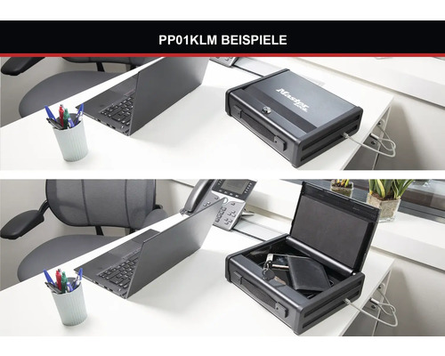 Coffre de sécurité avec logo Master Lock sur bureau avec ordinateur portable et fournitures de bureau