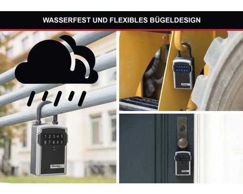 Abbildung von einem wasserfesten Schlüsselsafe mit flexiblem Bügeldesign in verschiedenen Anwendungsszenarien