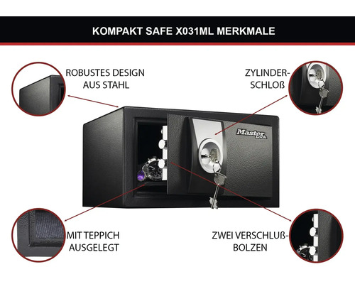 Offener Master Lock Tresor mit Zylinderschloss, Teppichauskleidung und zwei Verschlussbolzen