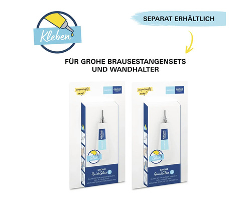 Zwei Grohe QuickGlue Klebesets für Brausestangensets und Wandhalter, separat erhältlich.