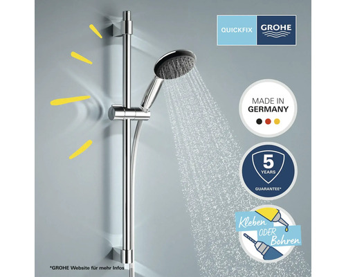 Duschsystem mit Handbrause und Brausestange mit Wasserstrahl. Quickfix. Grohe Logo. Hergestellt in Deutschland Siegel. Fünf Jahre Garantie Siegel. Kleben oder Bohren Symbol.