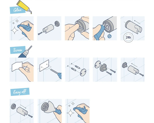 Instructions pour le montage d''une barre de douche avec de la colle et des vis