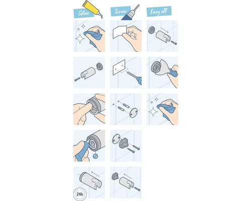 Instructions pour fixer un accessoire avec de la colle ou des vis
