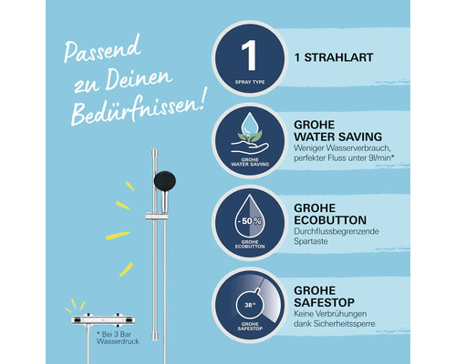 Grohe Duschsystem mit Wassersparfunktion, EcoButton und SafeStop Funktion