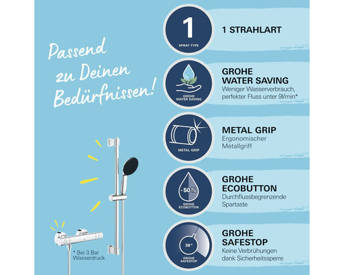 Grafik zur Ausstattung eines Duschsystems mit Wassersparfunktion, Metallgriff, Eco-Taste und Sicherheitsstopp