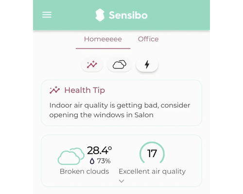 Sensibo App-Oberfläche mit Informationen zur Raumluftqualität und Gesundheitstipps.