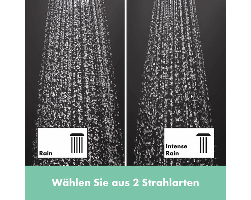 Duschkopf mit zwei Strahlarten: Rain und Intense Rain.