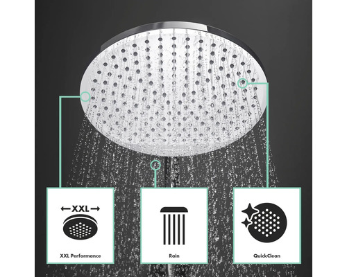 Duschkopf mit XXL-Leistung, Regenfunktion und QuickClean-Symbol