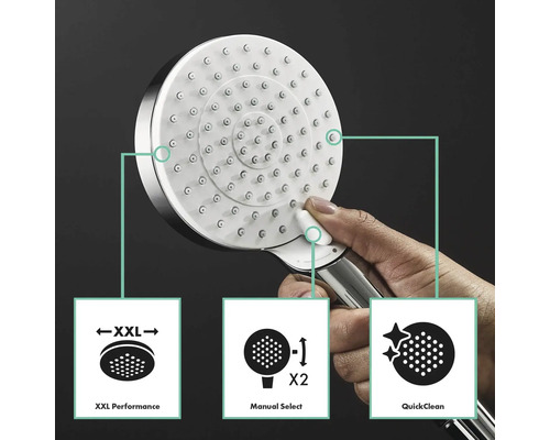 Handbrause mit verschiedenen Strahlarten, dargestellt mit Symbolen für XXL-Performance, manuelle Auswahl und QuickClean