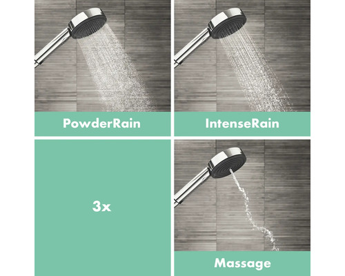 Handbrause mit drei Strahlarten: PowderRain, IntenseRain und Massage