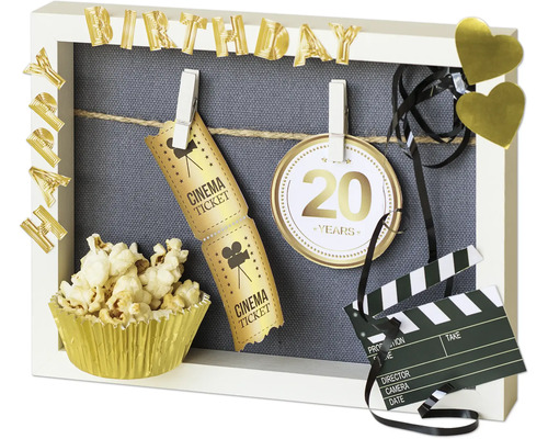Dekorativer Bilderrahmen mit Geburtstagsmotiven, Kinokarten, Popcorn und Filmklappe