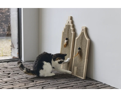 Katze spielt mit zwei Kratzbrettern in Hausform mit Federn an einer Schnur