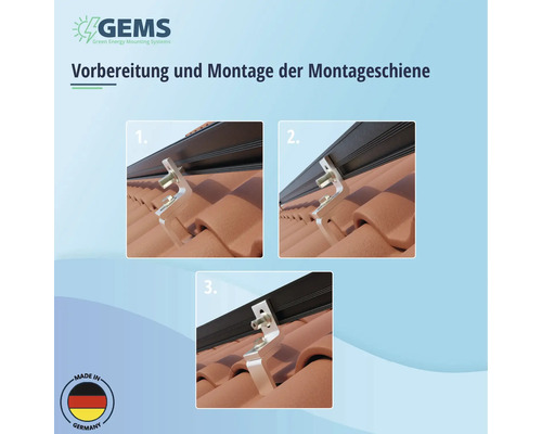 Vorbereitung und Montage der Montageschiene für Solaranlage auf einem Dach mit Ziegeln. Made in Germany Siegel.