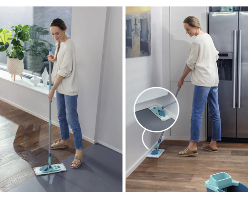 Une femme lave le sol d''une maison avec une serpillière.