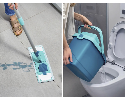 Scène de nettoyage avec une serpillère et un seau dans une salle de bains.