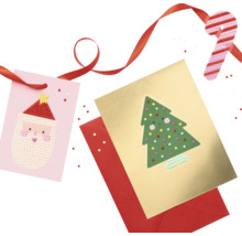 Cartes de Noël avec Père Noël, sapin de Noël, enveloppe rouge et ruban