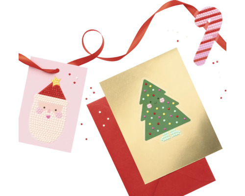 Cartes de Noël avec Père Noël, sapin de Noël, enveloppe rouge et ruban