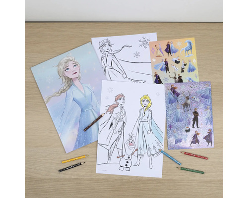 Malbuch und Aufkleber mit Motiven aus dem Film Die Eiskönigin mit Buntstiften