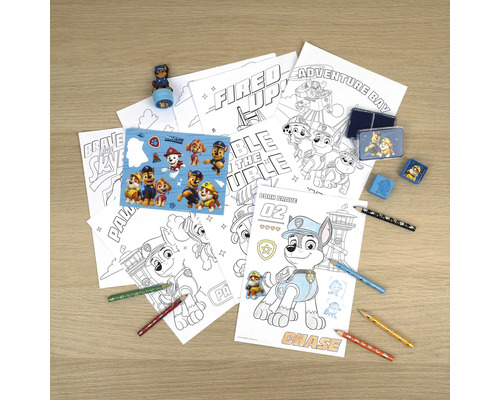 Set de coloriage avec motifs Pat'' Patrouille, comprenant des crayons, des autocollants, une gomme et un tampon