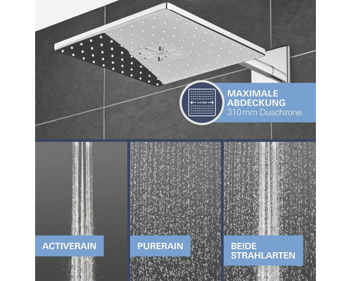 Duschkopf mit verschiedenen Strahlarten und 310 Millimeter Duschzone