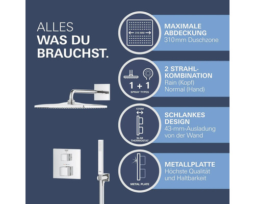 Système de douche avec douche de tête, douchette à main et thermostat