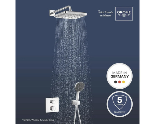 Système de douche Grohe avec douche de tête, douchette et mitigeur thermostatique. Label Made in Germany. Garantie de cinq ans.
