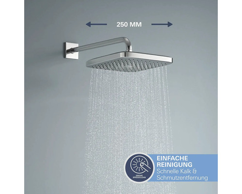 Pomme de douche carrée avec bras de 250 millimètres et fonction Grohe SpeedClean