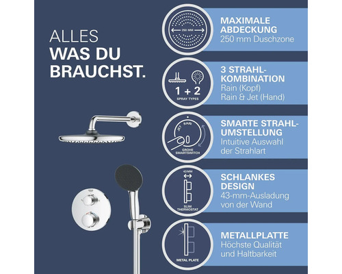 Système de douche Grohe avec douche de tête, douchette à main et thermostat