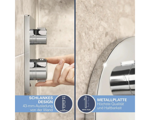 Robinet de douche apparent avec thermostat et personne actionnant le bouton