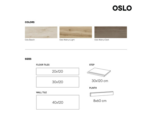 Couleurs et tailles des carreaux Oslo : hêtre, noyer clair, noyer foncé, 20 x 120, 30 x 120, 40 x 120 centimètres, marche 30 x 120 centimètres, plinthe 8 x 60 centimètres