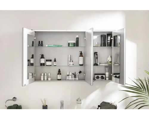 Offener Spiegelschrank im Badezimmer mit verschiedenen Pflegeprodukten auf Glasböden