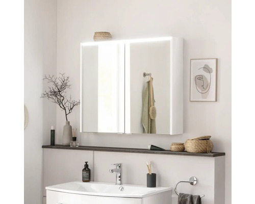 Salle de bain avec armoire de toilette, lavabo et objets de décoration