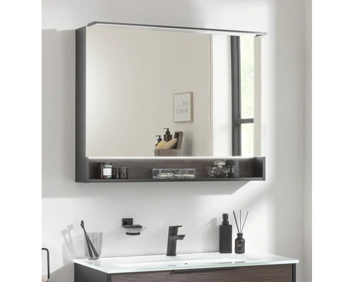 Salle de bain avec armoire de toilette éclairée et étagère de rangement