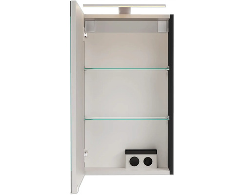 Armoire de toilette ouverte avec étagères en verre