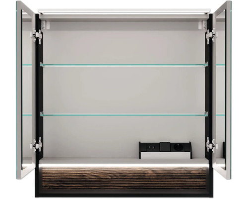 Armoire de toilette ouverte avec étagères en verre et éclairage