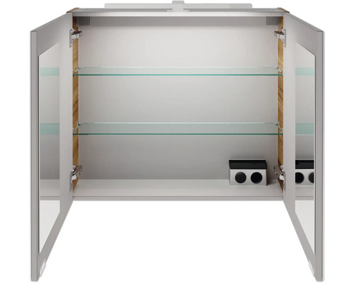 Armoire de toilette ouverte avec étagères en verre