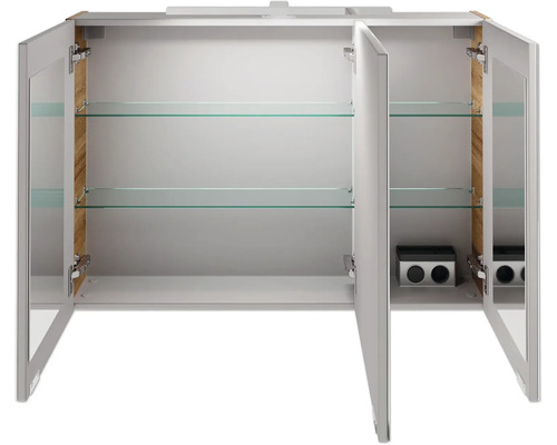 Armoire de toilette ouverte avec étagères en verre