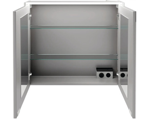 Armoire de toilette ouverte avec étagères en verre et éclairage intégré