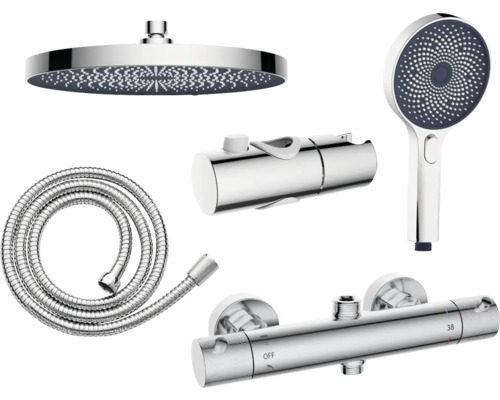 Système de douche avec pomme de tête, douchette à main, flexible de douche et mitigeur thermostatique